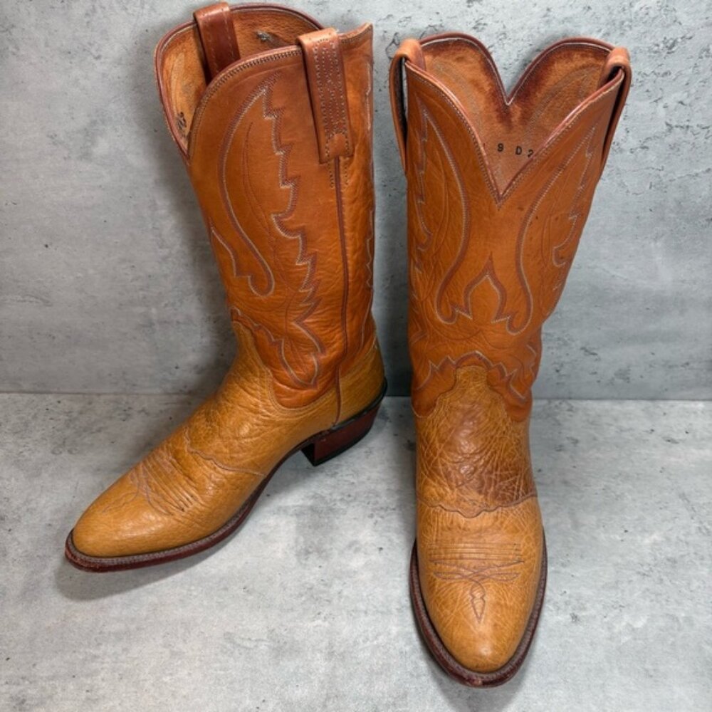 Lucchese 1883 Calf Skin Cowboy R-Toe Boots Mens 9D Western Leather Tan N1520R4
